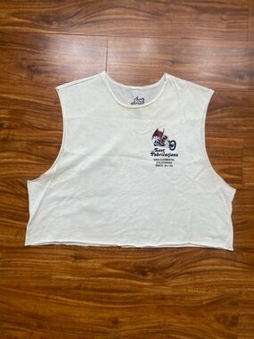 Retro Womens Lost Off White Devil Motorcycle Graphic Hand Cut Crop Tank Size M/L